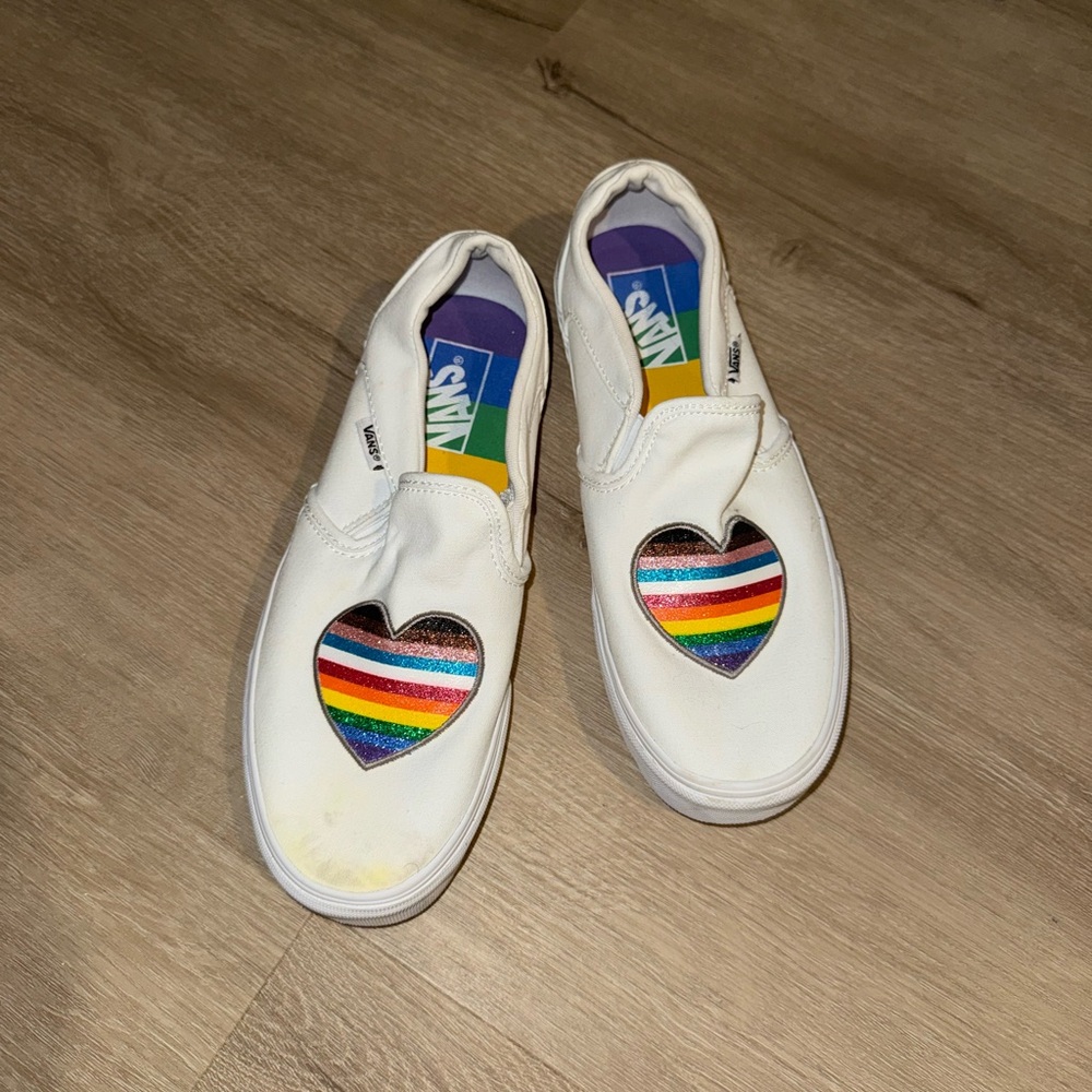 Vans White Slip-Ons with Red and Orange Stripes